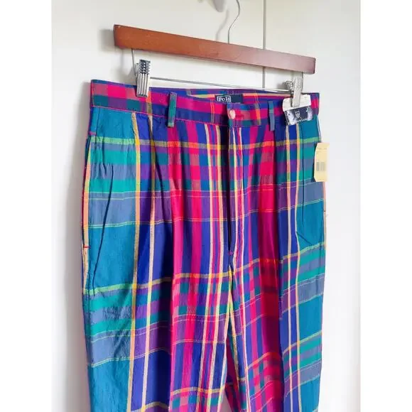 Vintage Polo Ralph Lauren Madras Plaid Golf Pants W32 Ivy League prep Made USA - Picture 6 of 11